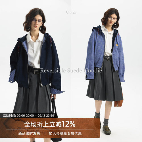 【双面穿】Unvesno(UN)秋季miu风复古智感麂皮绒格纹帽衫外套