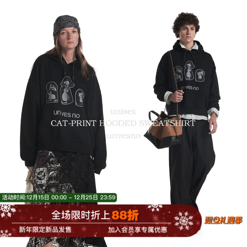 【加绒】Unvesno(UN)高智趣味版画猫咪治愈慵懒休闲保暖秋季卫衣