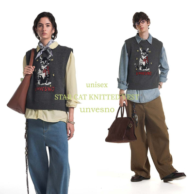 Unvesno(UN)Vintage复古可爱星辰猫咪提花休闲秋季保暖针织背心