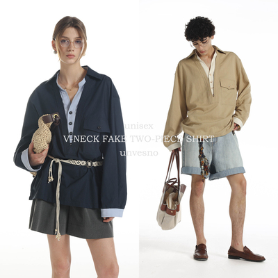 【假两件】Unvesno(UN)老钱莱赛尔天丝V领撞色宽松休闲长袖衬衫