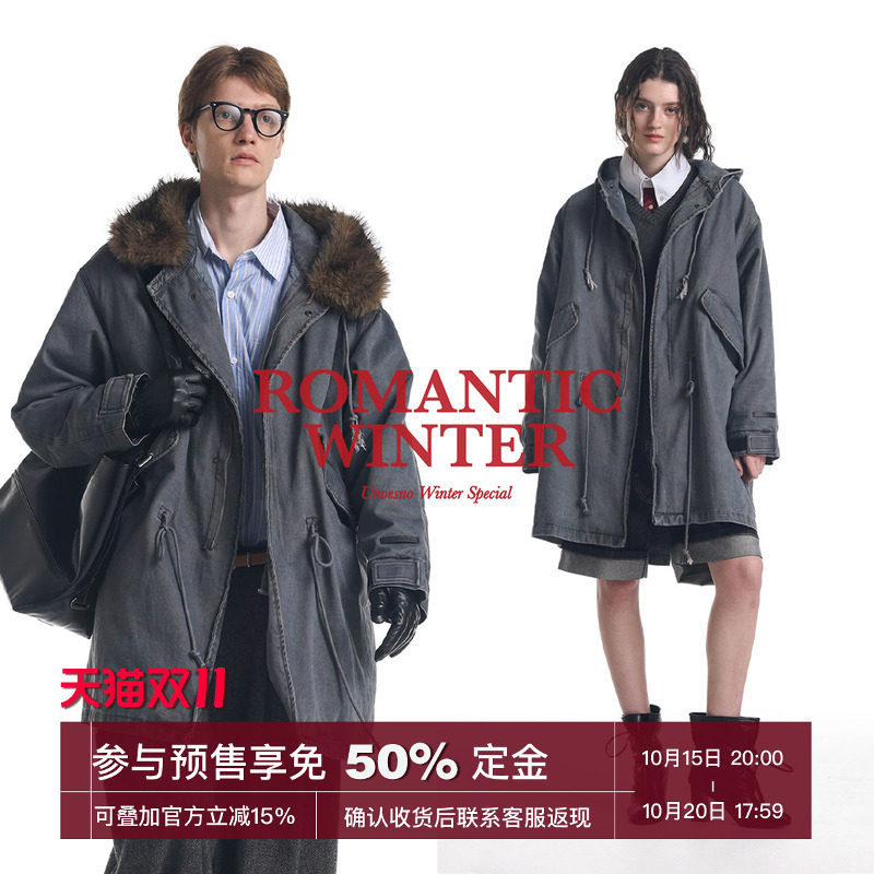 【可拆卸 环保皮草】Unvesno(UN)重磅做旧水洗派克棉服风衣外套