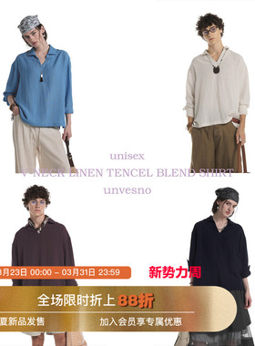 Unvesno(UN)亚麻莱赛尔极简V领慵感混纺套头衬衫秋季