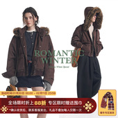 巴恩风复古怀旧洗褪短廓连帽棉服夹克 可拆卸毛领 Unvesno