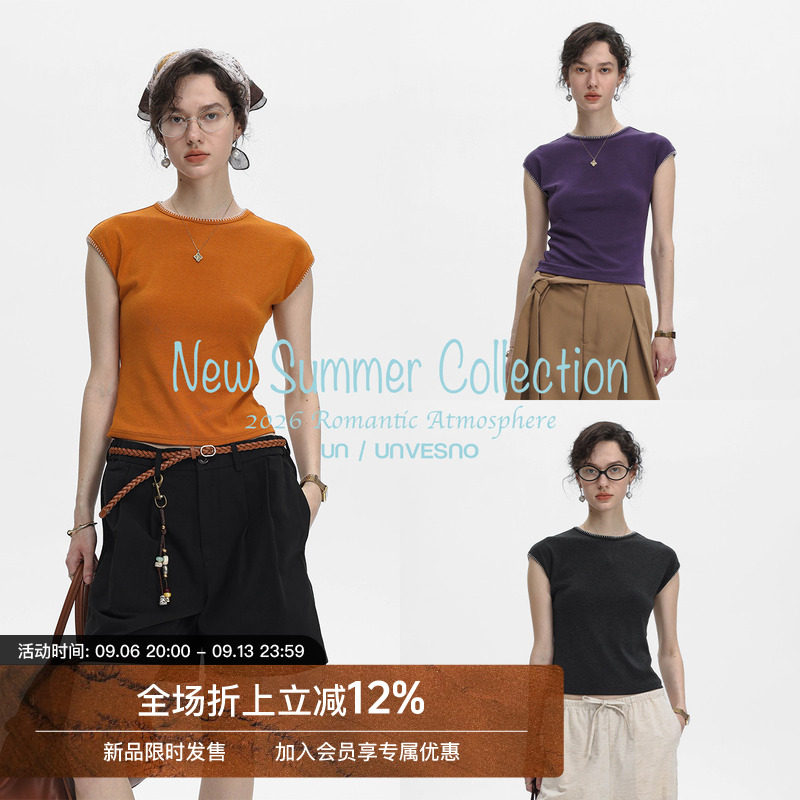 Unvesno(UN)慵懒松弛百搭圆领连肩手工锁边基础女款短袖T恤图片