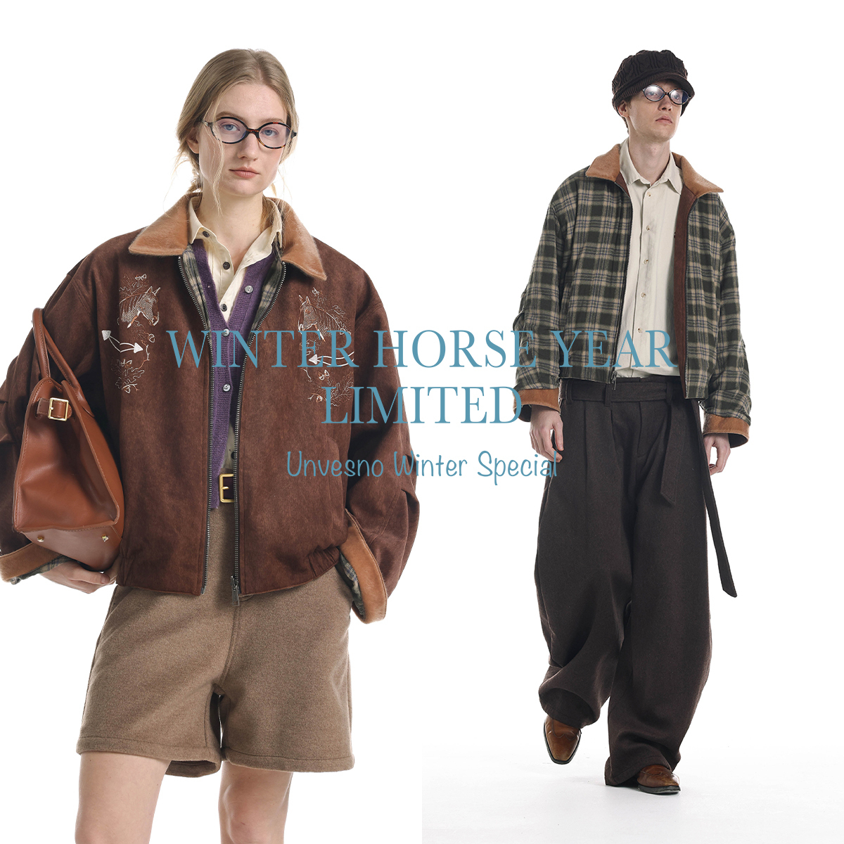 Unvesno(UN)马年限定马头刺绣仿骆马绒拼接格纹双面穿短阔夹克