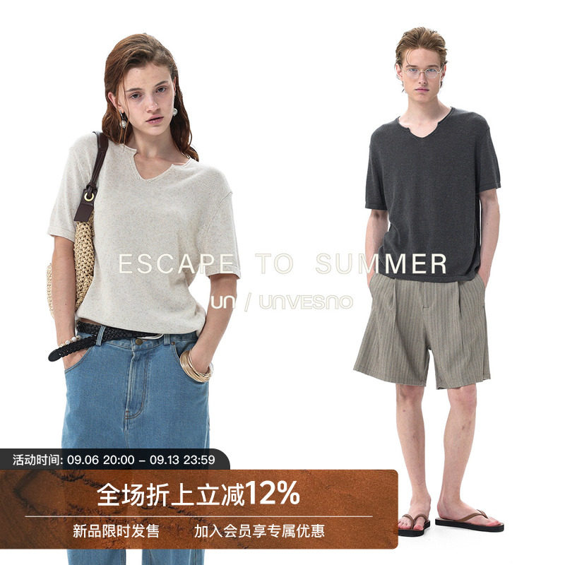 【薄款亚麻混纺】Unvesno(UN)莱赛尔设计手工感卷边V领短袖针织衫图片