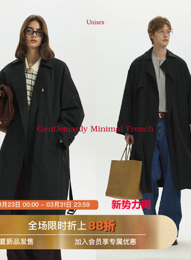 Unvesno(UN)中古保暖秋季Row风极简老钱薄款防风翻领双排扣风衣