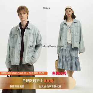 宽松翻领牛仔外套 老钱风水洗多口袋工装 Unvesno