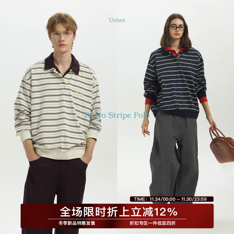 Unvesno(UN)MIU系复古学院慵懒条纹刺绣章百搭休闲POLO衫长袖秋季