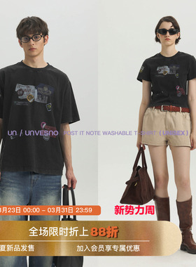 【复古洗水工艺】Unvesno(UN)磨破工艺标签拼贴印花情侣款T恤