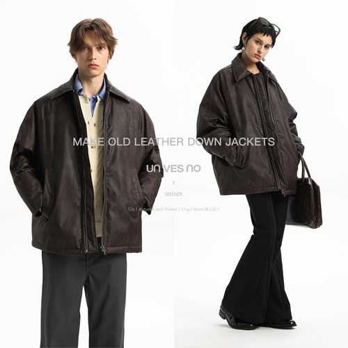 【90白鸭绒】Unvesno(UN)  Row风做旧手工檫色皮革廓形保暖羽绒服