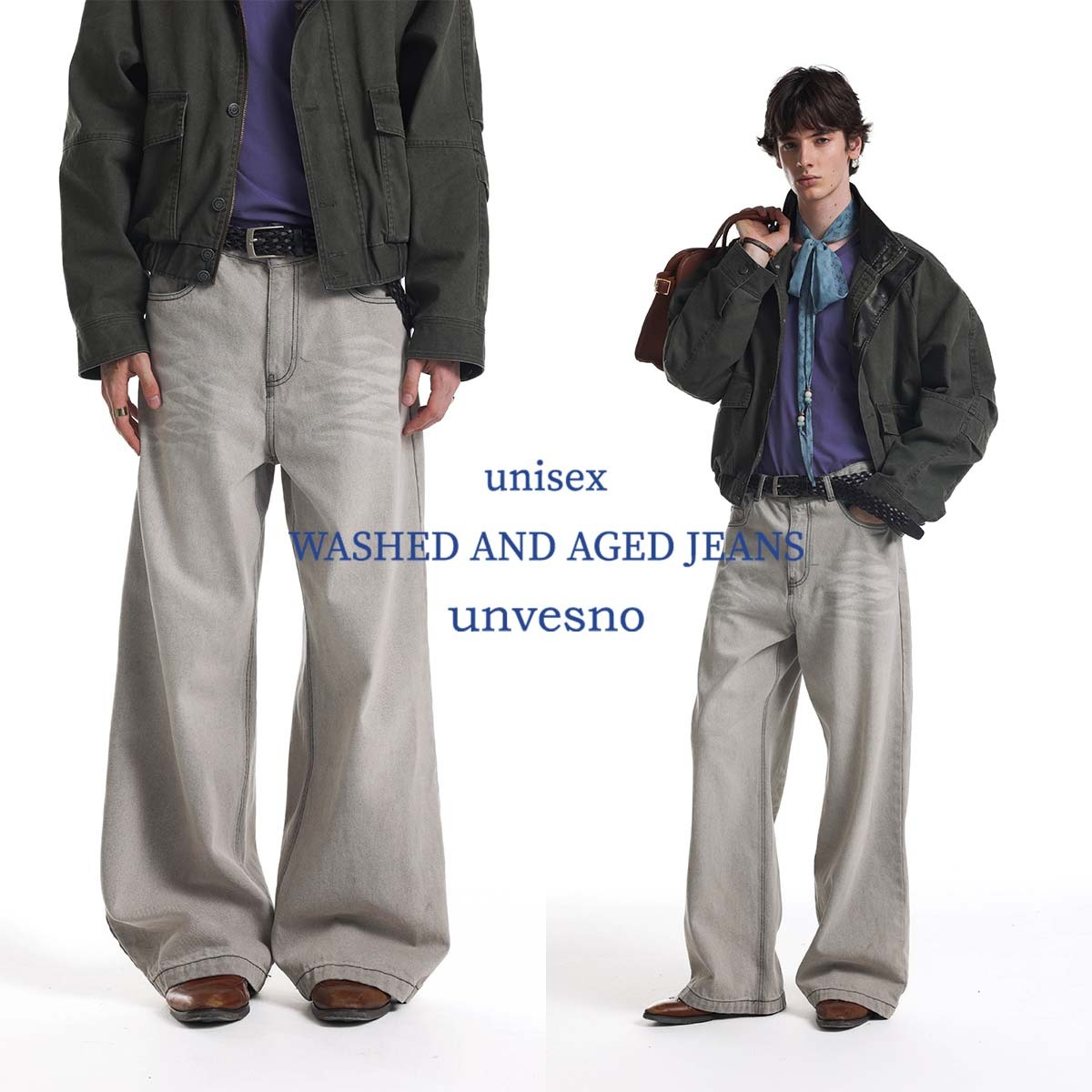 【仿亚麻质感】Unvesno(UN)重工洗褪做旧白猫须直筒休闲牛仔裤