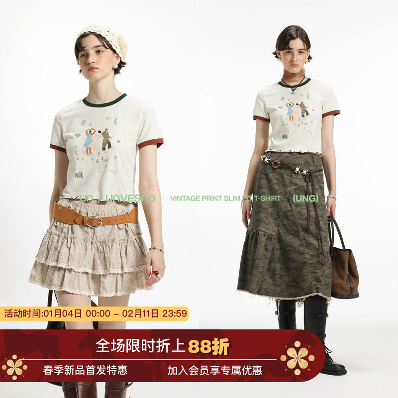 【手绘印花】Unvesno(UN)复古三人游彩纱肌理修身正肩撞色短袖T恤