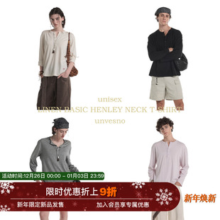 Unvesno 亚麻自然纱结基础秋季 衫 T恤 多色亨利领长袖 肌理感