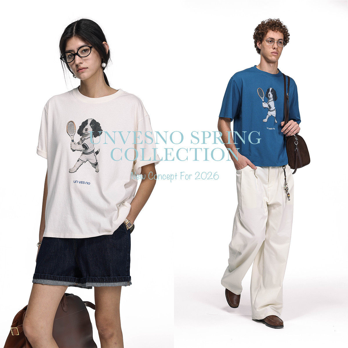 【纯棉】Unvesno(UN)&ldquo;Ace Pup 王牌史宾格活力网球犬趣味印花T恤