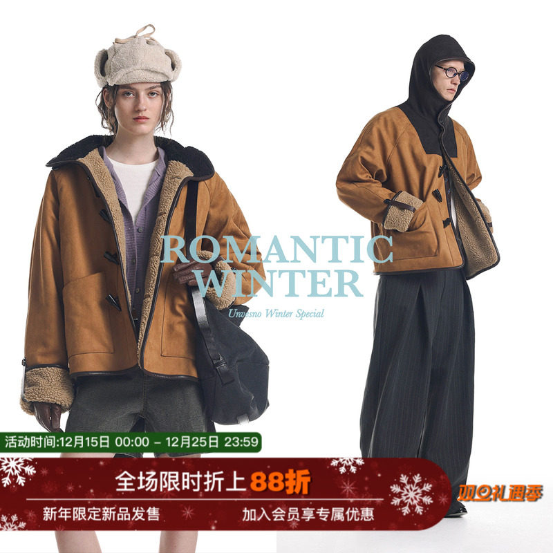 【皮毛一体】Unvesno(UN)中古感重磅麂皮羊羔绒撞色复古连帽夹克