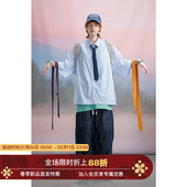 中袖 Unvesno 潮流上衣 衬衫 夏季 复古条纹衬衣切割线领带短袖