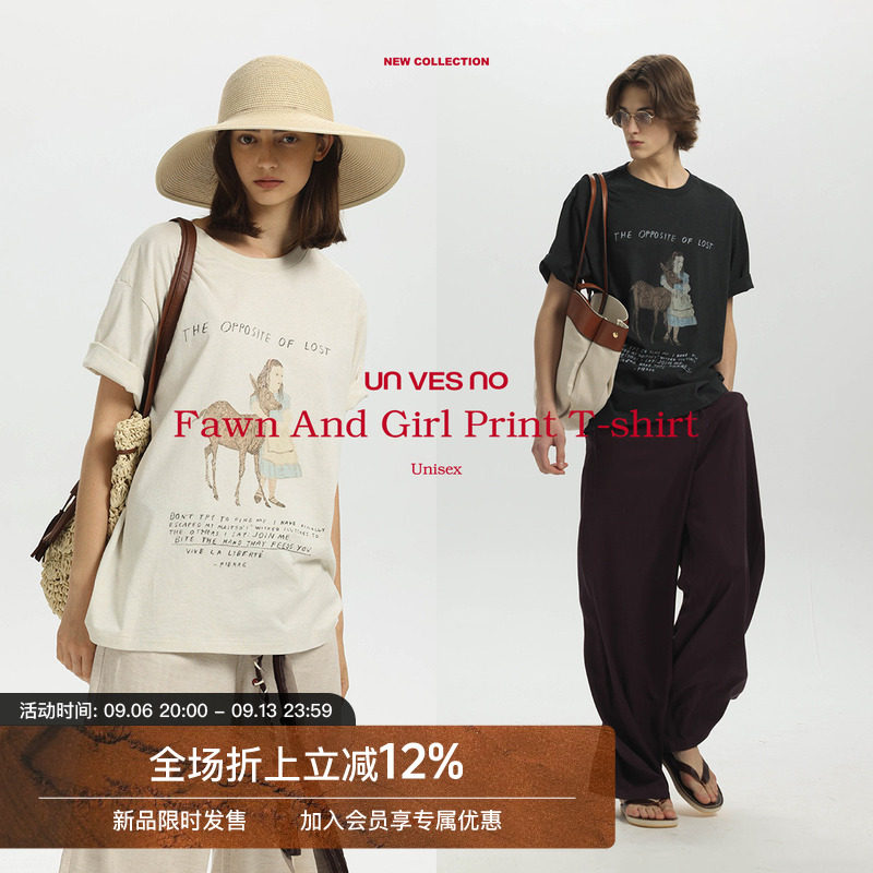 Unvesno(UN)小鹿女孩手绘印花精梳彩纱肌理短袖T恤图片