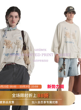 Unvesno(UN)手绘小猫小狗印花水洗宽松可爱秋季长袖T恤