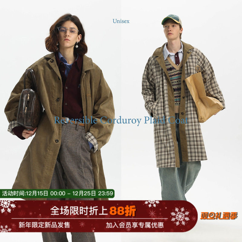 Unvesno(UN)秋季复古水洗灯芯绒格纹双面穿慵懒长风衣休闲厚外套