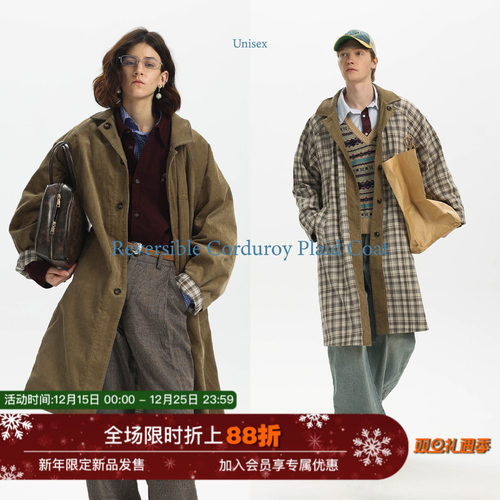 Unvesno(UN)秋季复古水洗灯芯绒格纹双面穿慵懒长风衣休闲厚外套