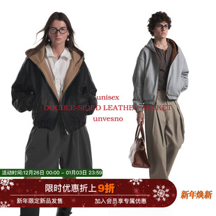 Unvesno Row风进口保暖仿真皮卫衣连帽皮衣外套夹克 双面穿