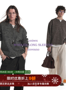 【假两件】Unvesno(UN)双色彩纱麻花羊毛混纺针织小V领长袖卫衣秋