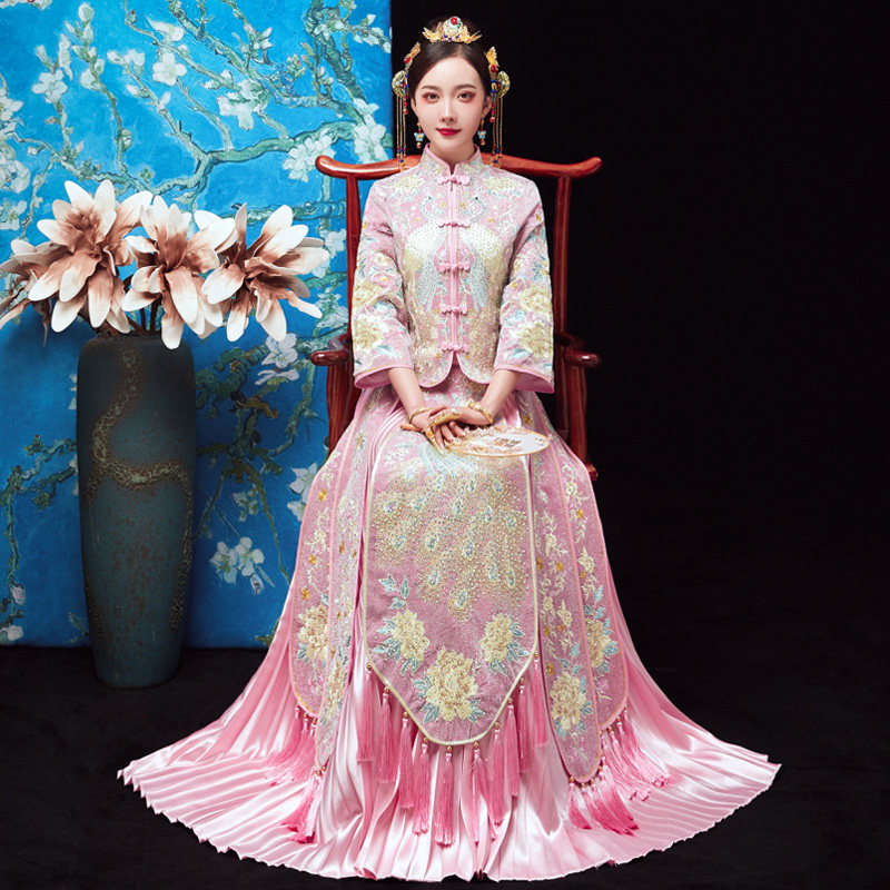 粉色秀禾服新娘2019新款夏季薄款中式结婚礼服婚纱秀个服敬酒服女