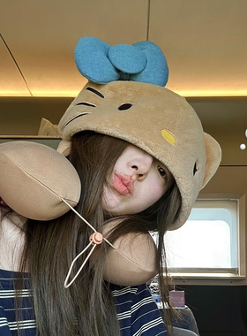 可爱KT猫u型枕连帽冬季旅行便携睡觉长途护颈椎脖子办公室带帽子
