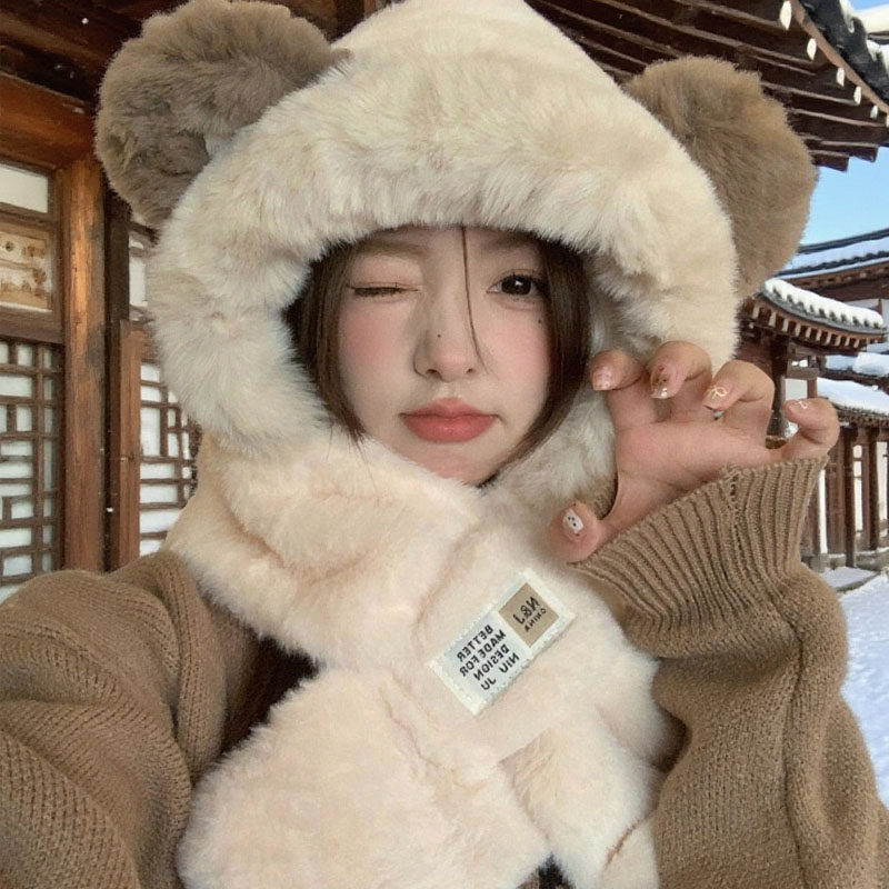 虞书欣骑车保暖护耳帽子围巾一体两件套冬季加厚雷锋帽女秋冬围脖