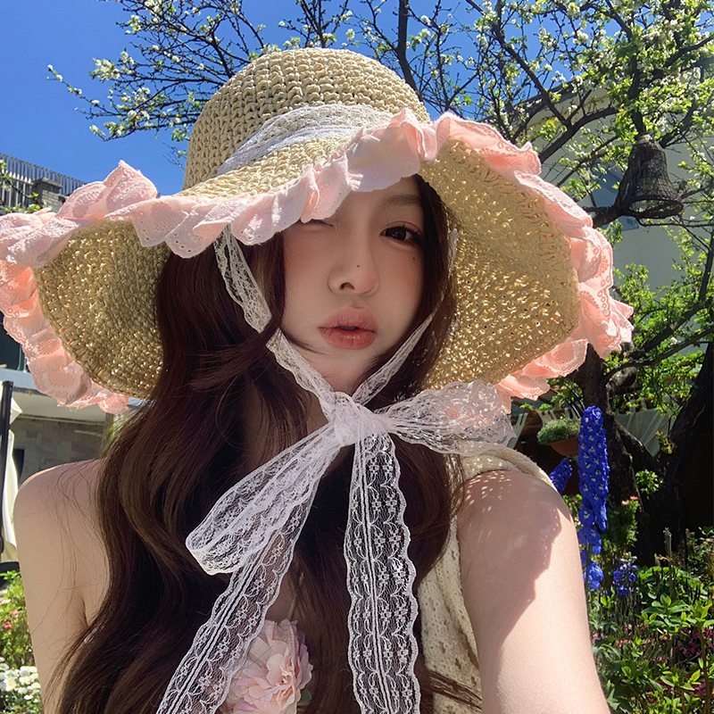 粉色草帽女2025新款夏季草编遮阳帽海边度假沙滩大帽檐防晒太阳帽