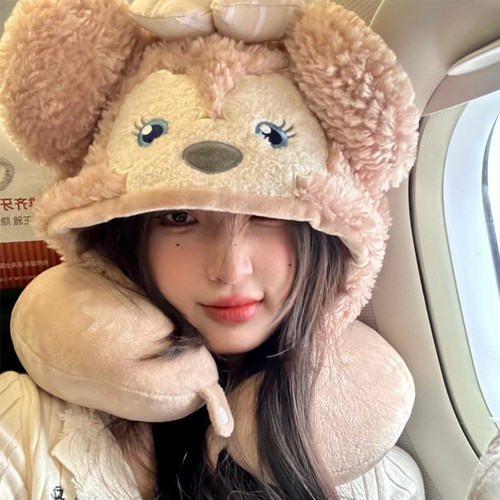 雪莉玫U型枕连帽旅行枕可爱护颈枕办公室空调开车飞机冬季带帽子