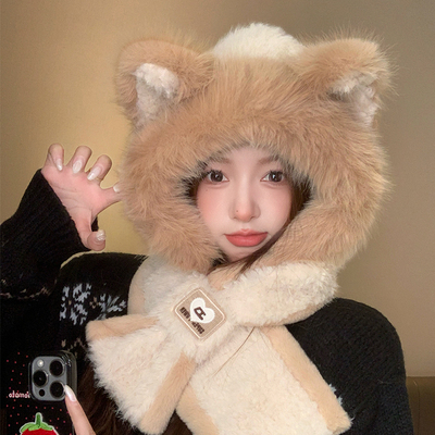 狐狸帽子保暖围脖围巾一体连帽可爱女款2025秋冬季新款骑行加厚绒