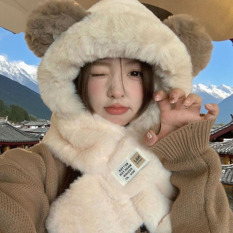 虞书欣骑车保暖护耳帽子围巾一体两件套冬季加厚雷锋帽女秋冬围脖