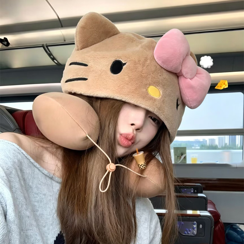 Hello Kitty猫连帽旅行U型枕护颈枕头枕礼物冬季睡觉长途带帽子
