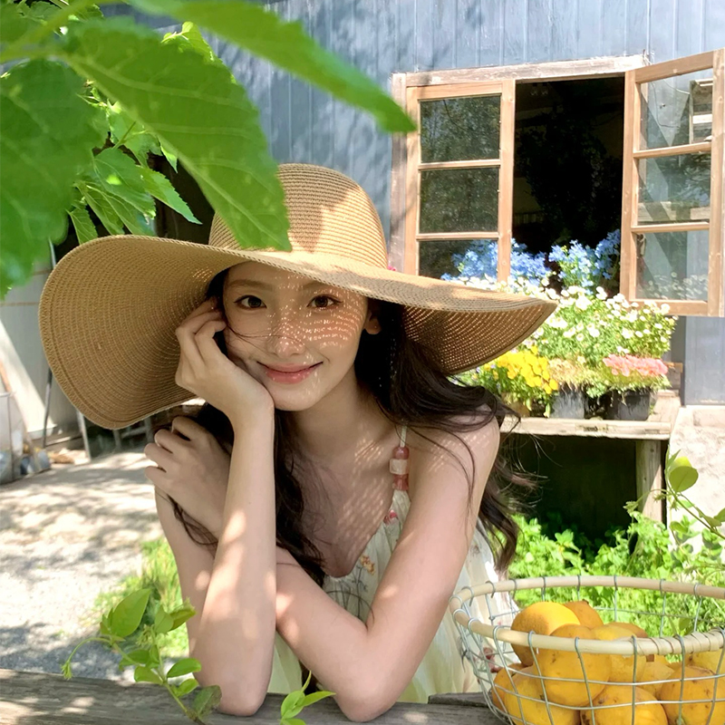 赫本风夏季细草编织大帽檐草帽女沙滩海边度假旅游防晒遮阳帽子