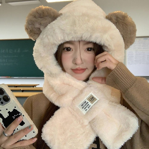 虞书欣骑车保暖护耳帽子围巾一体两件套冬季加厚雷锋帽女秋冬围脖