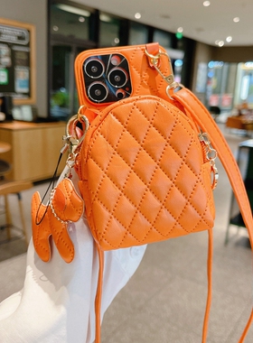 皮质挎包适用苹果15手机壳16promax女款iphone13pro女神iPhone13promax皮质菱格斜挎背带14pro背包式高级皮套