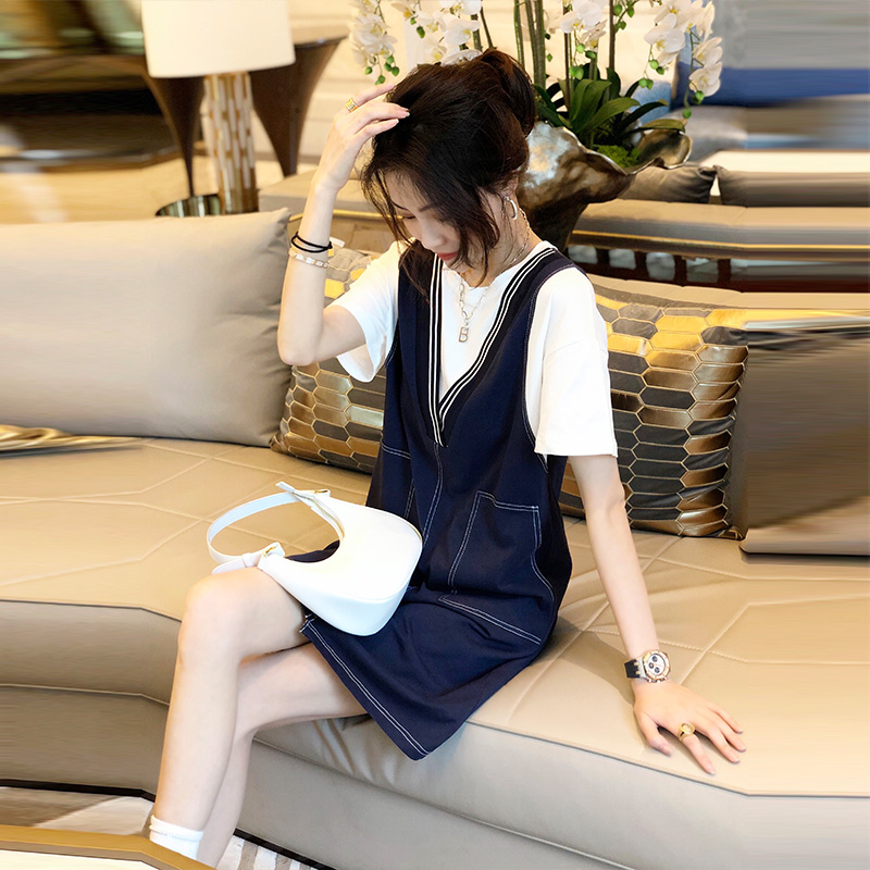 3牛仔拼接直筒连衣裙女气质显瘦休闲假两件裙子2021夏季新款欧洲站