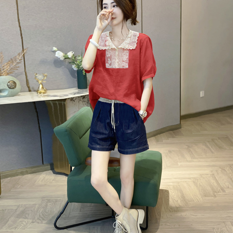 娃娃领拼接蕾丝衬衫女洋气设计感休闲短袖小衫夏季2023新款欧洲站