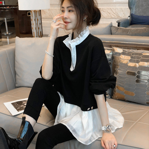 洋气黑色假两件卫衣女设计感小众休闲拼接上衣春秋2023新款欧洲站