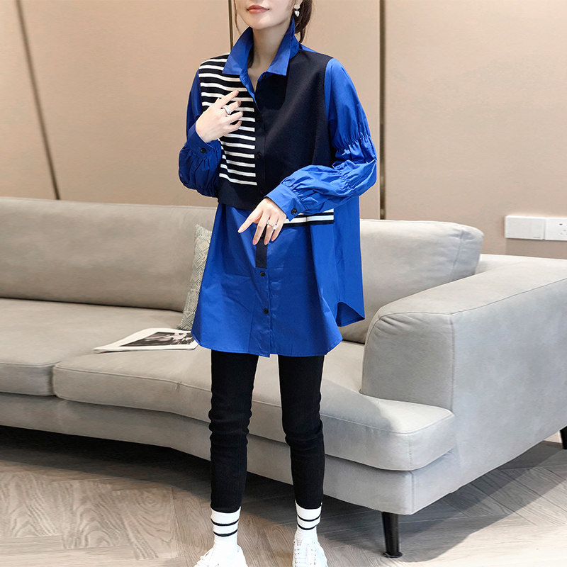 克莱因蓝衬衫女设计感条纹拼接中长款百搭衬衣春秋2022新款欧洲站