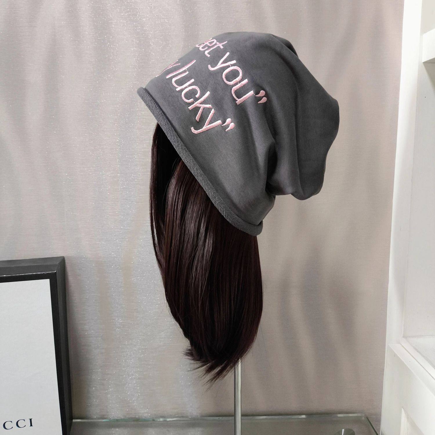 春夏薄款单层冷帽假发一体可拆卸字母短款波波头卷边百搭堆堆帽女