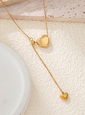新款钛钢项链18k镀金大小双爱心抽拉式可调节女百搭锁骨链不掉色