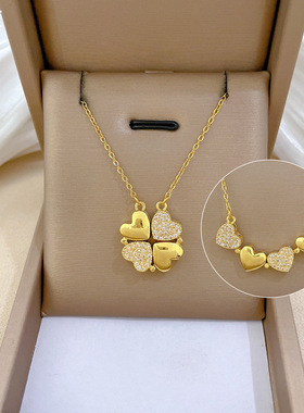 【钛钢】项链女新款一款两戴心连心开合四叶花满钻百搭锁骨链钛钢