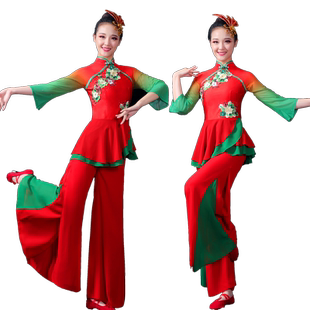 2025新款春秧歌服演出服女中老年手绢扇子舞蹈服飘逸腰鼓套装红绿