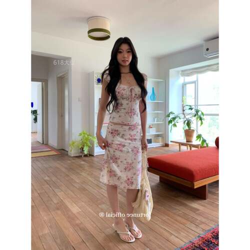 fortunee 碎花套装女夏季新款吊带背心气质低腰包臀半身裙两件套