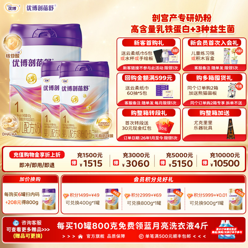 圣元优博剖蓓舒1段法国奶源婴幼儿牛奶粉800g+400g2罐新生儿宝宝