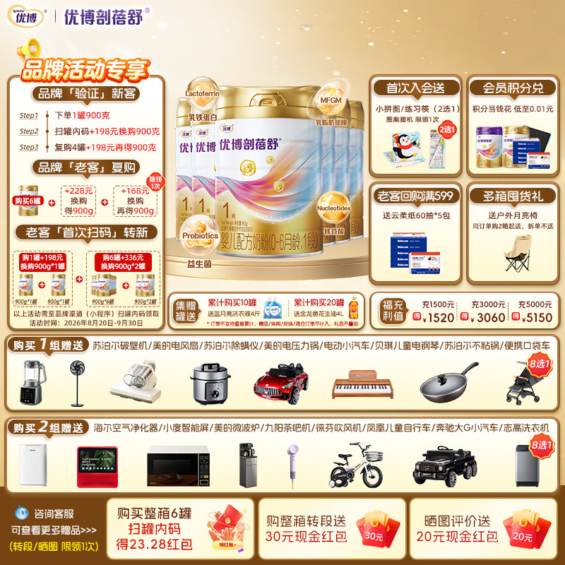 圣元优博剖蓓舒法国进口1段婴幼儿牛奶粉900g6罐新生儿25年11月产
