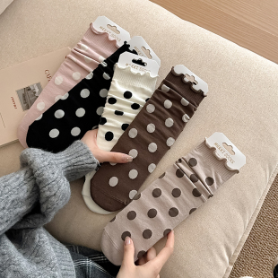 纯棉日系复古学院波风点堆堆袜 卷边袜子女圆点中筒袜ins潮春秋季